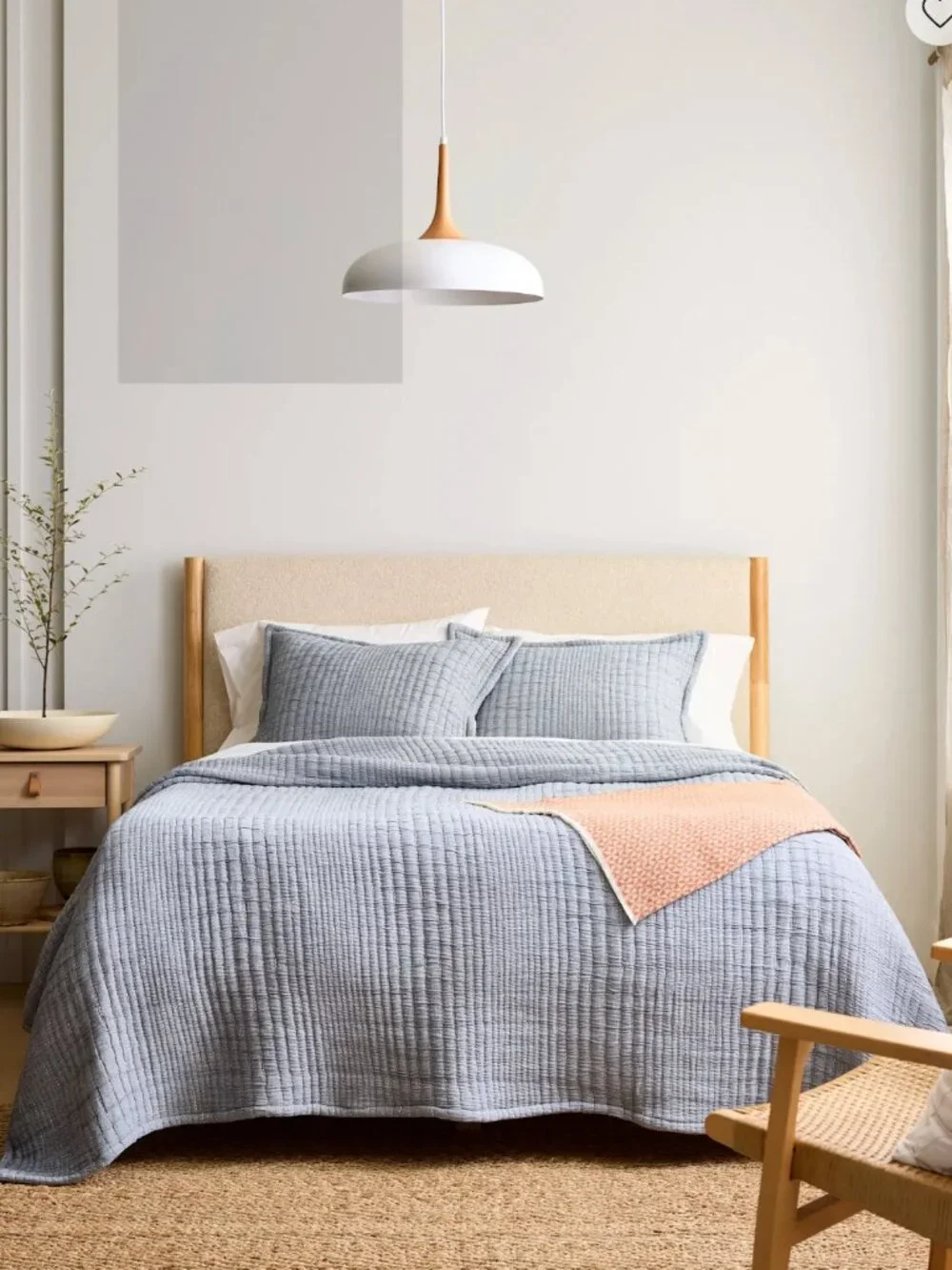 NWT Quince Organic Cotton Channel Stitch Coverlet Set, King / Cal King, Blue